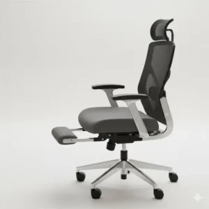 A side view showing the fully extended footrest of a desk chair with leg rest.