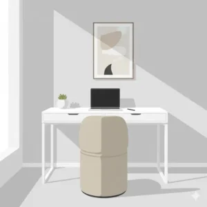 Minimalist workspace featuring a sleek beige office chair tucked under a white oak desk.