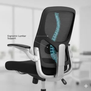 Detailed illustration of the adjustable lumbar support feature on an ergonomic drafting chair for spinal health.