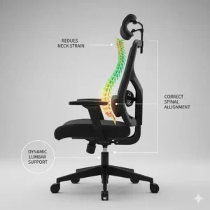 Ergonomic lumbar support features of a high back office chair with headrest.