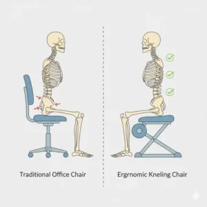 A side-by-side comparison diagram showing the benefit of chairs for back support kneeling versus traditional office chairs.