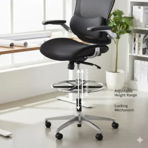 Close-up view of the chrome adjustable footring integrated into an ergonomic drafting chair