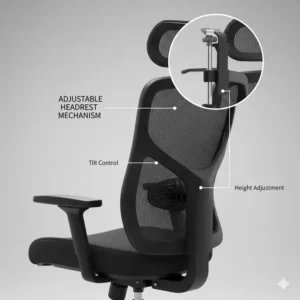 Close-up of the height adjustment on a high back office chair with headrest.