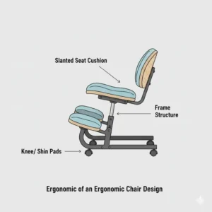 An anatomical illustration highlighting the padded seat and shin rests of chairs for back support kneeling.