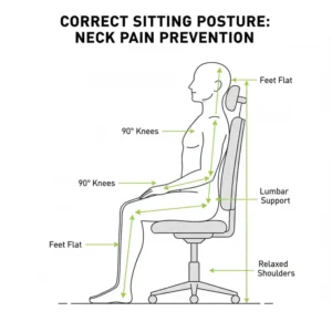 A side-view diagram showing the correct sitting posture using an office chair for neck pain to prevent strain.