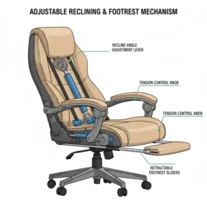 Technical drawing illustrating the smooth adjustable reclining mechanism found in premium footrest chairs.