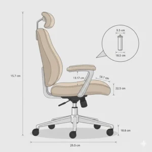Side profile of a beige office chair showing the lumbar support curve and seat depth