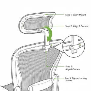 Step-by-step instructional drawing for attaching an aeron headrest to the chair frame.