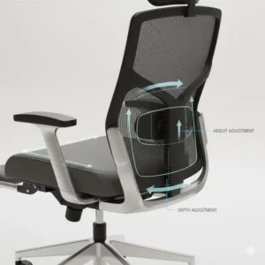 Close-up of the adjustable lumbar support and headrest on a desk chair with leg rest.