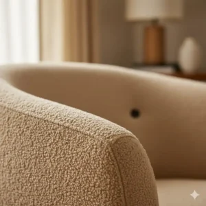 Close up of textured boucle beige accent chairs highlighting the soft fabric material.