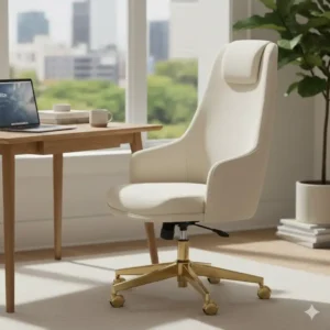 Side profile showing the adjustable height features of a cream office chair.