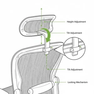 Illustration showing the full height and tilt range of an adjustable aeron headrest.