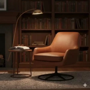 Mid-century cognac faux leather accent chairs with a swivel base next to a bookshelf.