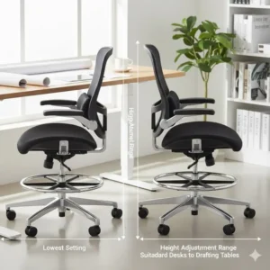 A diagram showing the extensive height adjustment range of a heavy-duty ergonomic drafting chair.