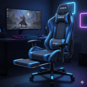 A professional gaming setup equipped with racing-style footrest chairs and lumbar support pillows.
