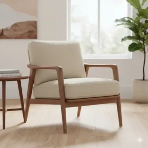 Mid century modern beige accent chairs featuring a solid wood frame and sleek legs.
