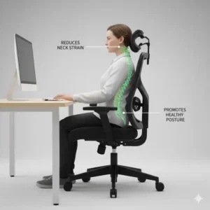 Proper neck alignment provided by a high back office chair with headrest.