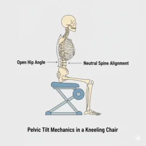 A technical diagram explaining the optimal pelvic tilt achieved when using chairs for back support kneeling.