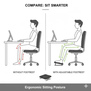 Diagram showing how to improve sitting posture and spinal alignment using an adjustable footrest