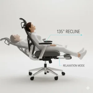 Illustration of the 135-degree recline function of a professional desk chair with leg rest.