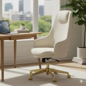 A minimalist workspace featuring a cream office chair paired with a light wood desk.