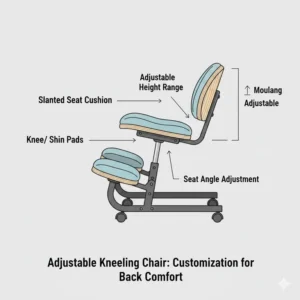 A close-up view of the adjustable height and angle mechanisms on modern chairs for back support kneeling.