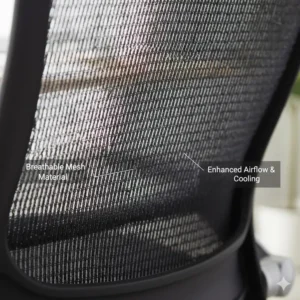 The breathable mesh material of an ergonomic drafting chair designed for maximum airflow and comfort.