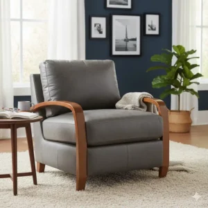 Comfortable gray faux leather accent chairs with wooden armrests and thick padded cushions.