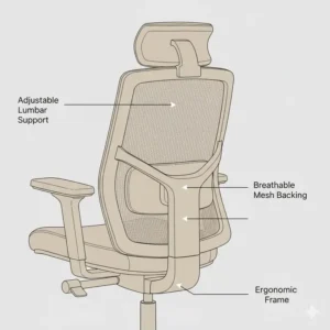 Rear view of a beige office chair highlighting the adjustable lumbar support frame and mesh backing.