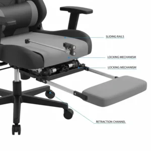 A detailed diagram showing the retractable mechanism of a desk chair with leg rest.