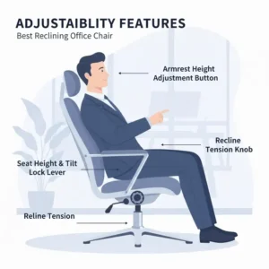 User manual style illustration showing how to adjust the levers on the best reclining office chair.