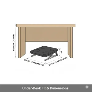 Technical drawing displaying the compact size and dimensions of an adjustable footrest