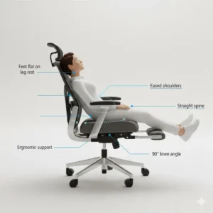 An illustration demonstrating healthy ergonomic sitting posture using a desk chair with leg rest.