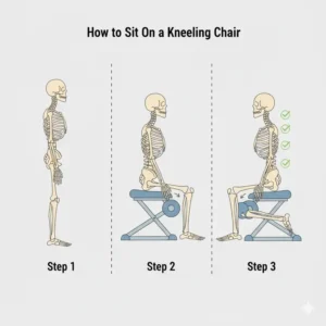 A step-by-step instructional graphic showing how to correctly sit on chairs for back support kneeling.