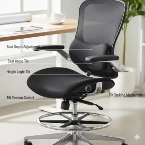 Graphic explaining the seat depth and tilt tension controls of an ergonomic drafting chair