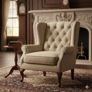 Classic tufted wingback beige accent chairs in a formal interior setting.