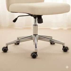 The heavy-duty chrome swivel base and smooth-rolling casters of a cream office chair.