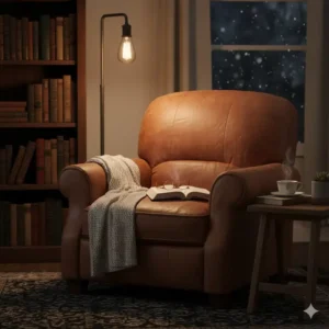 Rustic distressed faux leather accent chairs perfect for a warm reading nook.