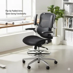 Demonstration of the space-saving flip-up padded armrests on an ergonomic drafting chair.