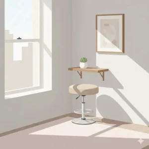 A compact beige office chair without arms styled in a small apartment corner nook.