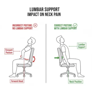 Illustration showing how integrated lumbar support in an office chair for neck pain improves neck position.