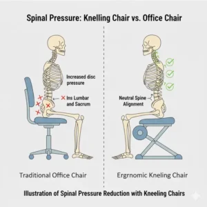 An X-ray style illustration showing the neutral spinal alignment provided by chairs for back support kneeling.