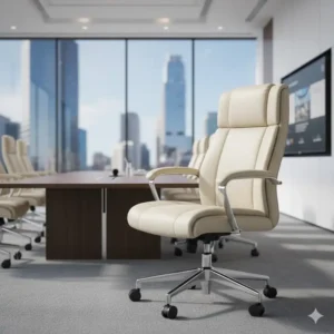 A professional executive cream office chair in a modern glass-walled conference room.