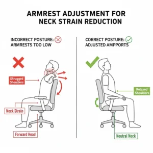 Close-up of adjustable armrests on an office chair for neck pain to reduce shoulder and neck tension.