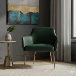 Contemporary dark green faux leather accent chairs with elegant gold-finished legs.
