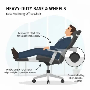 High-angle shot of the heavy-duty steel base and swivel wheels of the best reclining office chair.