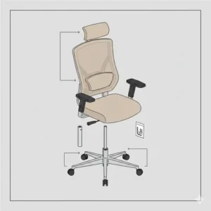 Overhead illustration showing the components and assembly parts of a beige office chair.