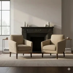 A symmetrical pair of beige accent chairs arranged in front of a dark fireplace.