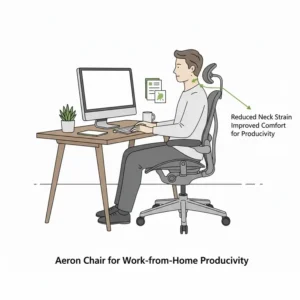 A person working comfortably at a desk while utilizing the aeron headrest for support.