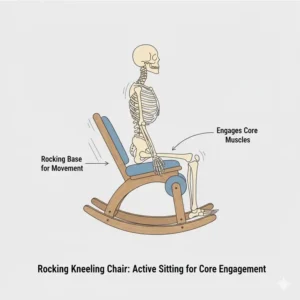 An illustration of a wooden rocking model of chairs for back support kneeling for active sitting.